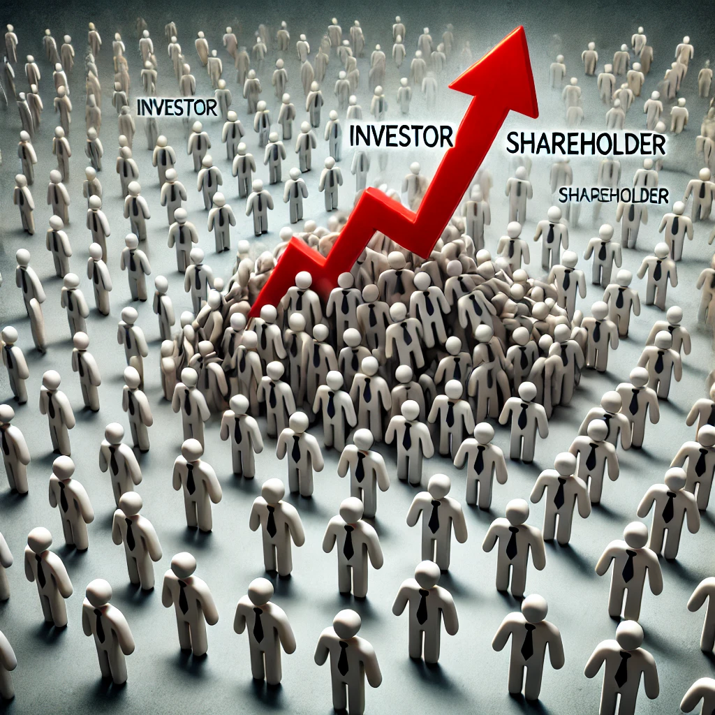 DALL·E 2024 10 27 16.07.35 A symbolic image of shareholders increasing A crowd of faceless figures growing exponentially around an upward pointing arrow. Some figures are marke 1